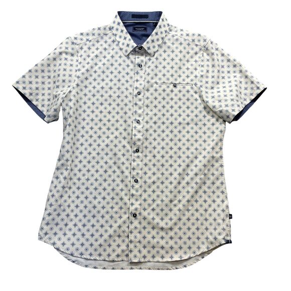 7 Diamonds Large 4 Way Stretch Short Sleeve Ivory Blue Pattern Button Up - Picture 1 of 6